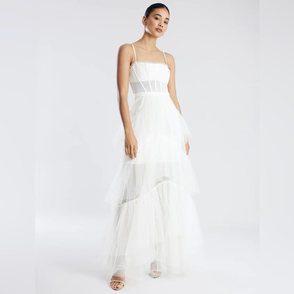 BCBGMAXAZRIA Oly Tiered Ruffle Tulle Evening Gown in Gardenia  NWT - Picture 2 of 9